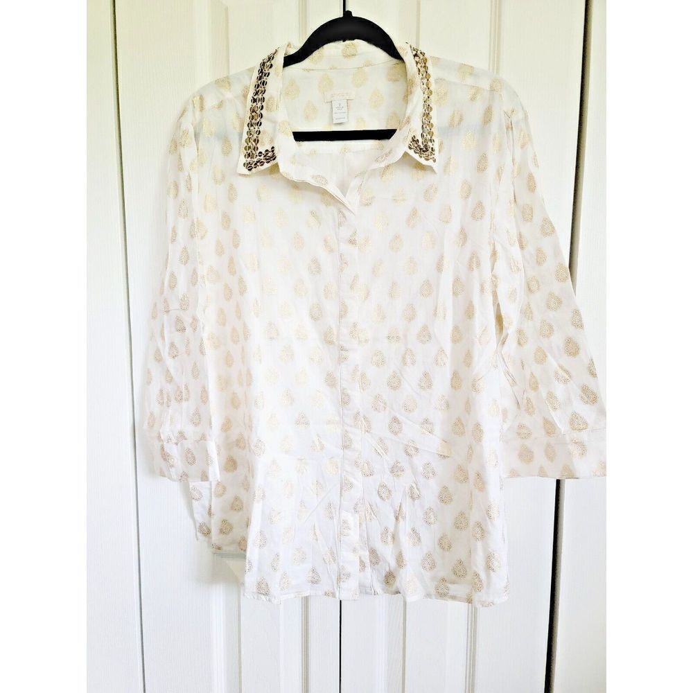 Chico's 3 Cotton Embellished Button Down Blouse Size L White/Gold 3/4 Slv India